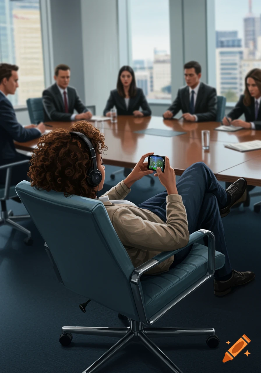 A person with headphones plays on their phone, lounging in a chair during a business meeting.