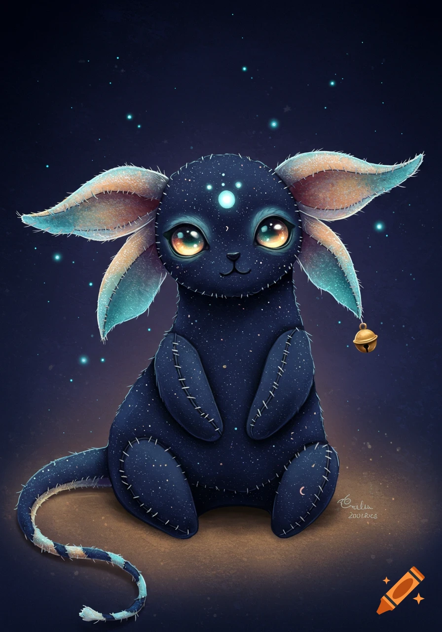 A whimsical illustration of a dark blue, plush-like fantasy creature with large, colorful eyes, big stitched ears, and a starry body, sitting against a starry night background.
