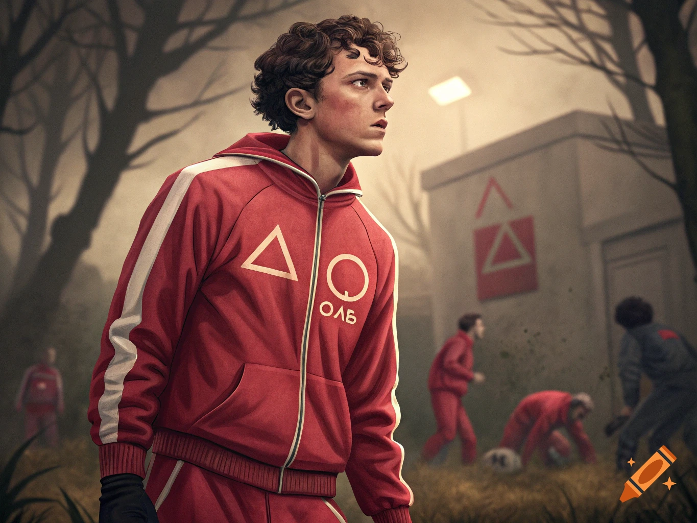 Digital painting of a young man in a red Squid Game tracksuit with white stripes and symbols, looking right, in a misty outdoor setting with trees and a building.
