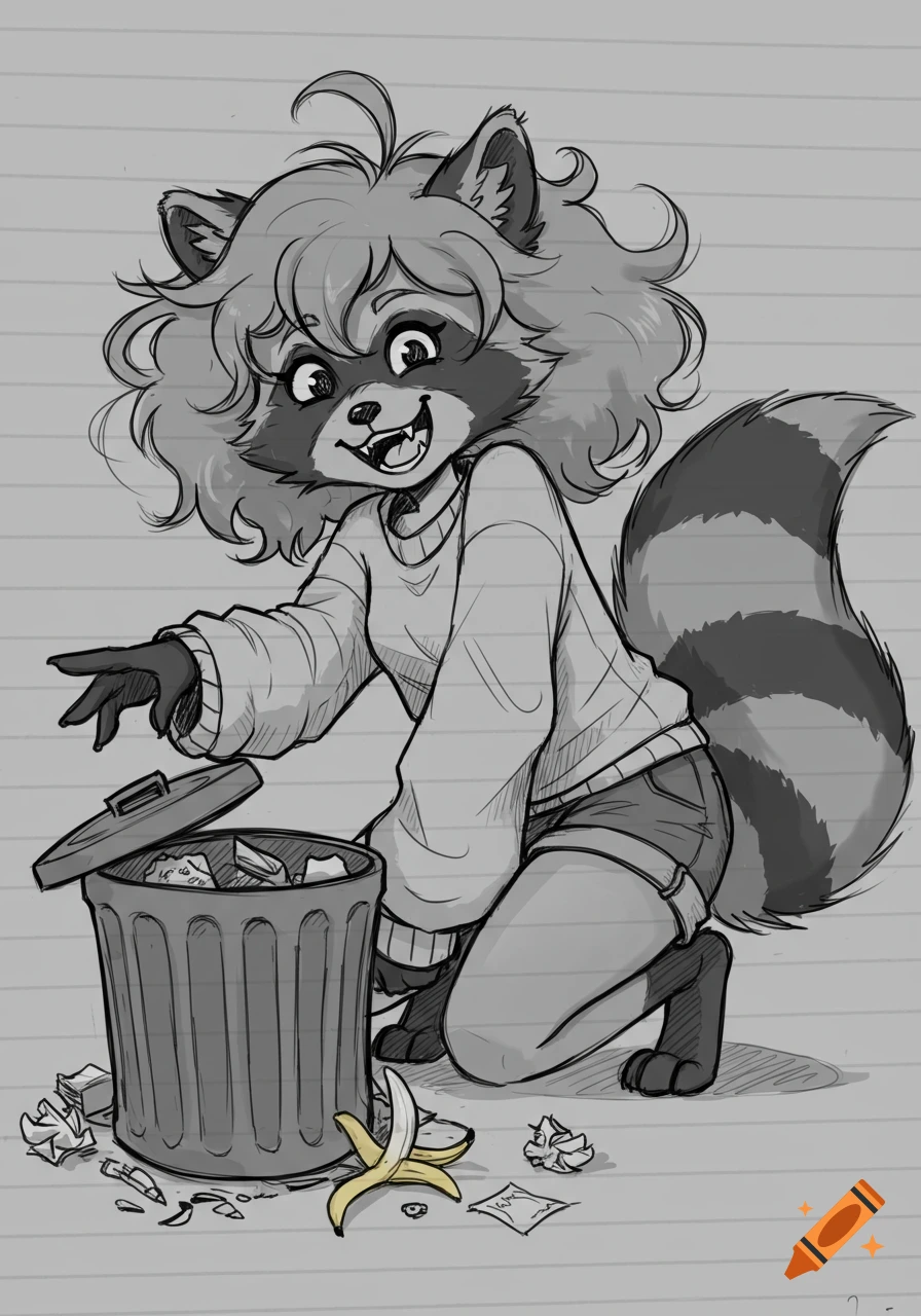 A mischievous anthropomorphic raccoon girl with curly hair and a striped tail kneels by an overflowing trash can, reaching inside with a sly grin. Sketchy grayscale illustration with a yellow banana peel.