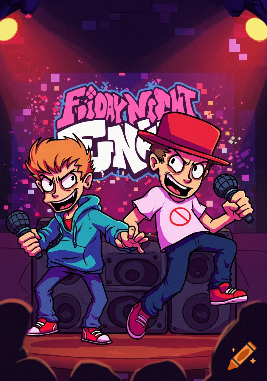 Cartoon illustration of two male characters, resembling Beavis and Butt-Head, holding microphones on a stage with a 'Friday Night Funkin'' backdrop.