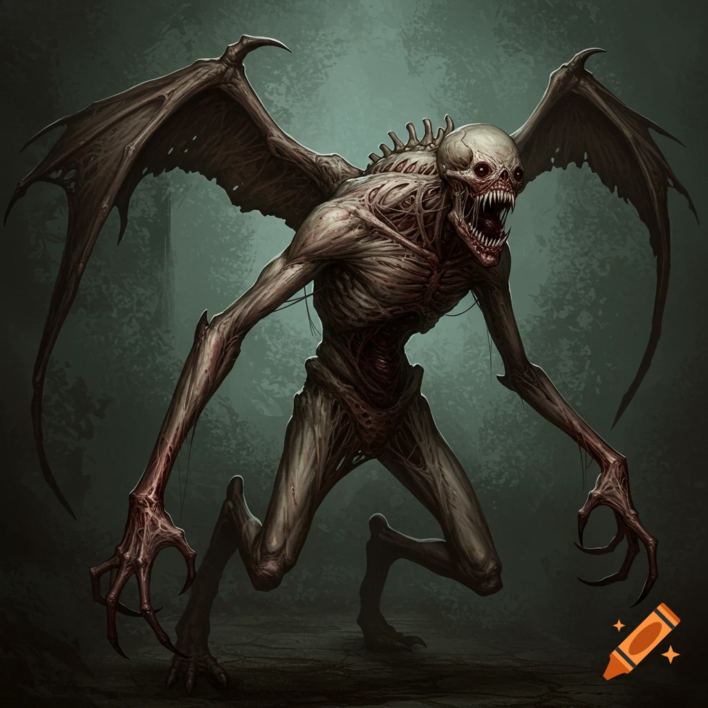A gaunt, winged horror creature with exposed bones, sharp claws, and a fanged mouth in a dark, atmospheric setting.