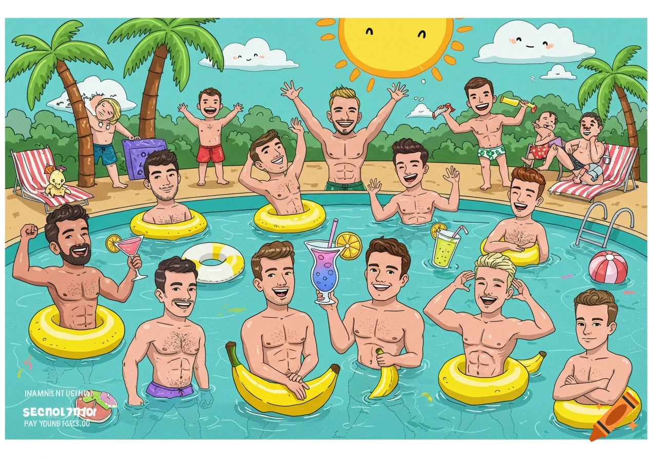 Cartoon illustration of many happy men in swim trunks and banana-shaped inflatables at a sunny pool party.