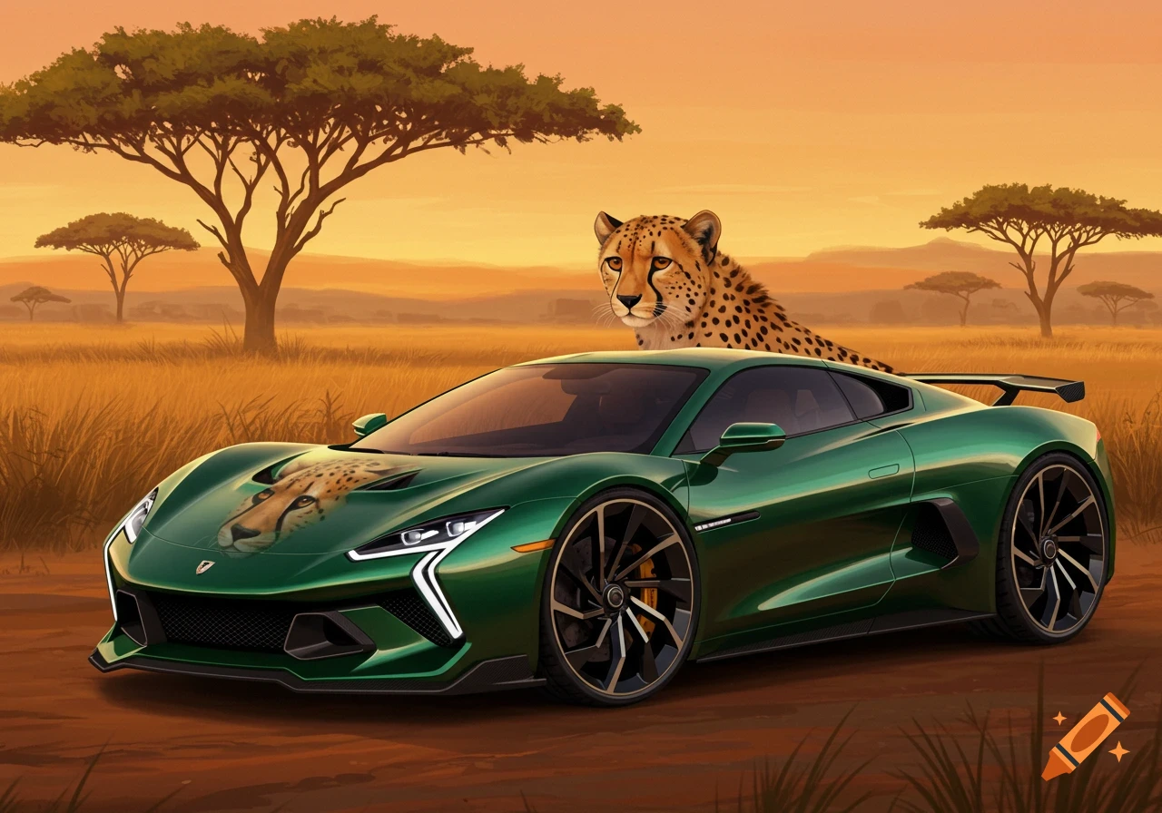 A sleek green sports car with a cheetah's face painted on the hood, parked in a savanna landscape with a cheetah looking over its roof at sunset.