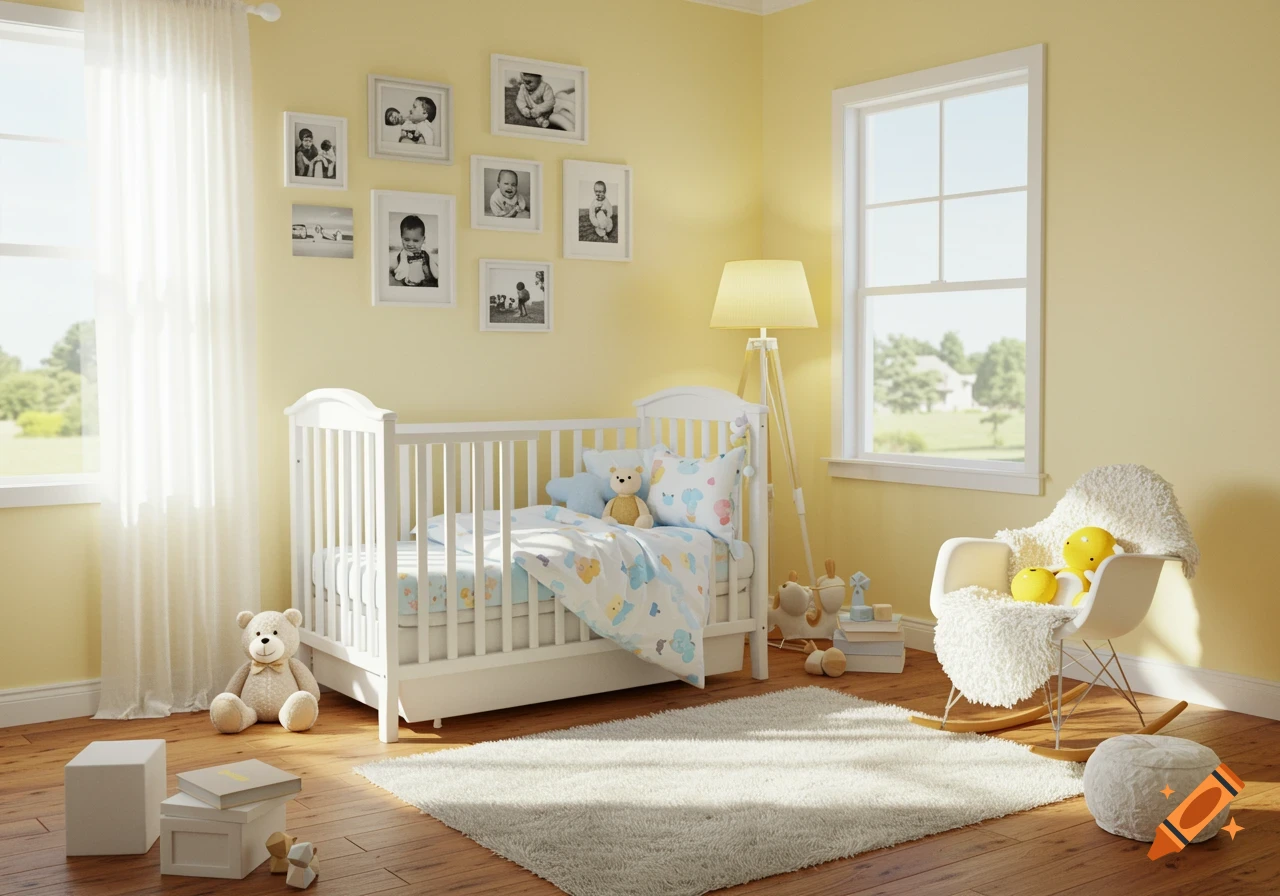 A bright, sunny baby room with yellow walls, a white crib, a rocking chair, and framed baby photos. A teddy bear sits on the wood floor.