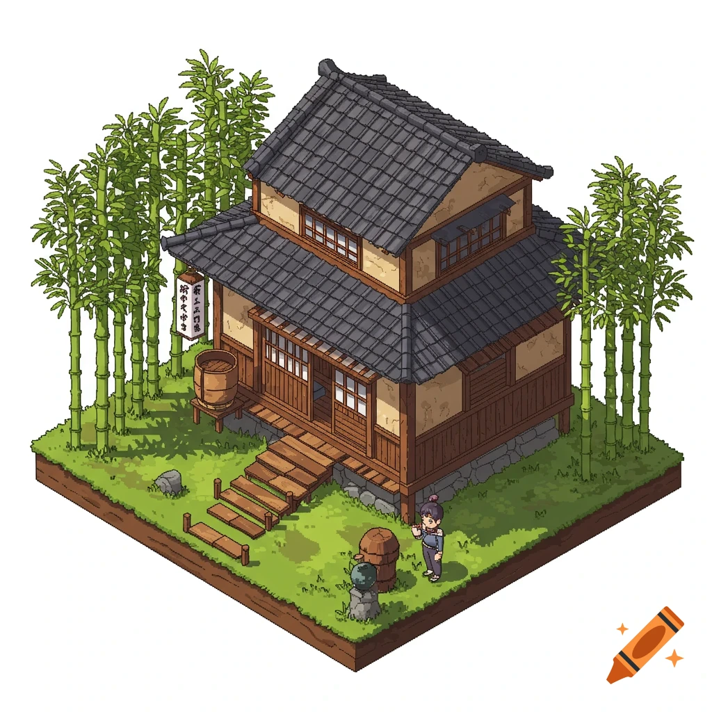 Pixel art isometric view of an old Japanese house with a dark roof and bamboo trees, a small person stands outside.