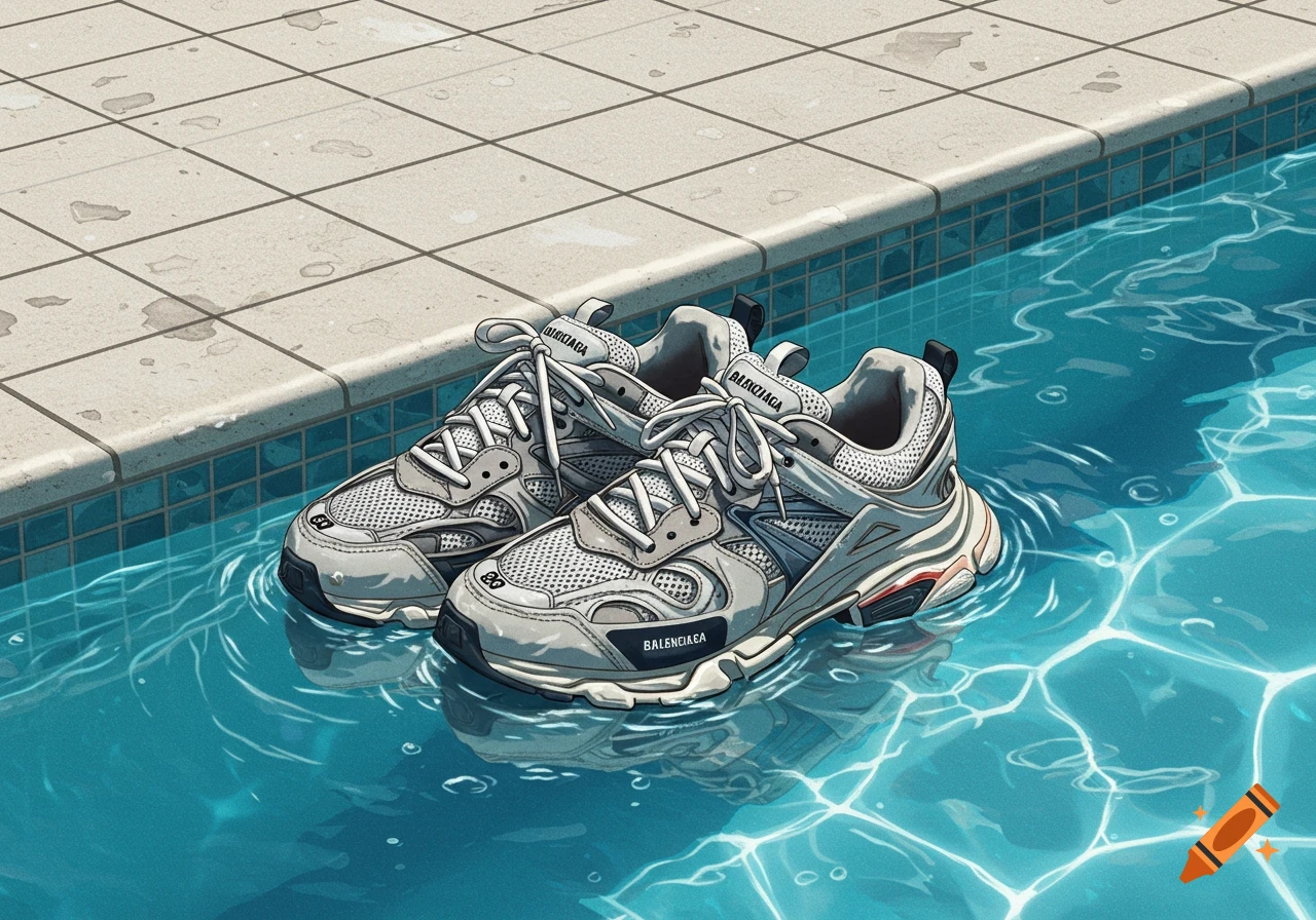A pair of grey Balenciaga sneakers floats in a clear blue swimming pool with water ripples, depicted in an illustrative style.