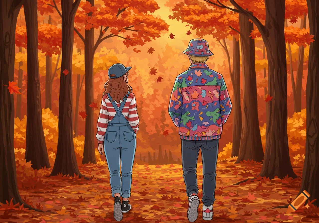 Anime drawing of a couple walking away through an autumn forest with vibrant orange leaves. The girl wears overalls and a cap, the guy a colorful jacket and bucket hat.