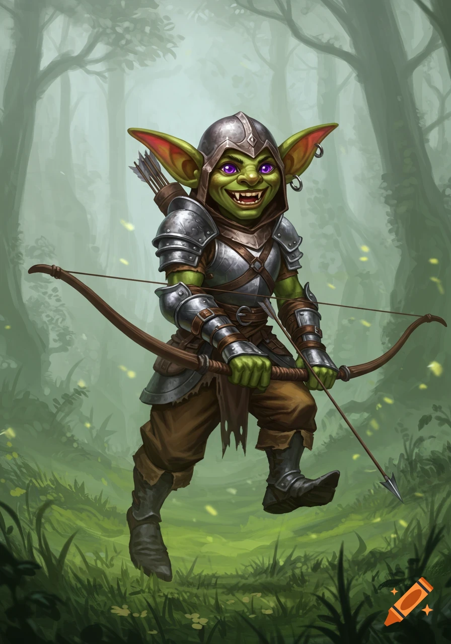 A green goblin warrior with purple eyes and a joyful grin, wearing armor and holding a short bow, strides through a verdant forest.