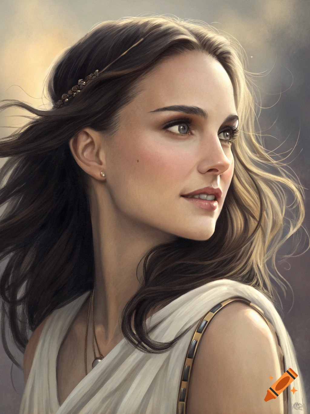 A photorealistic portrait of a woman resembling Natalie Portman with windswept hair, looking to the side with a slight smile, wearing a white draped garment.
