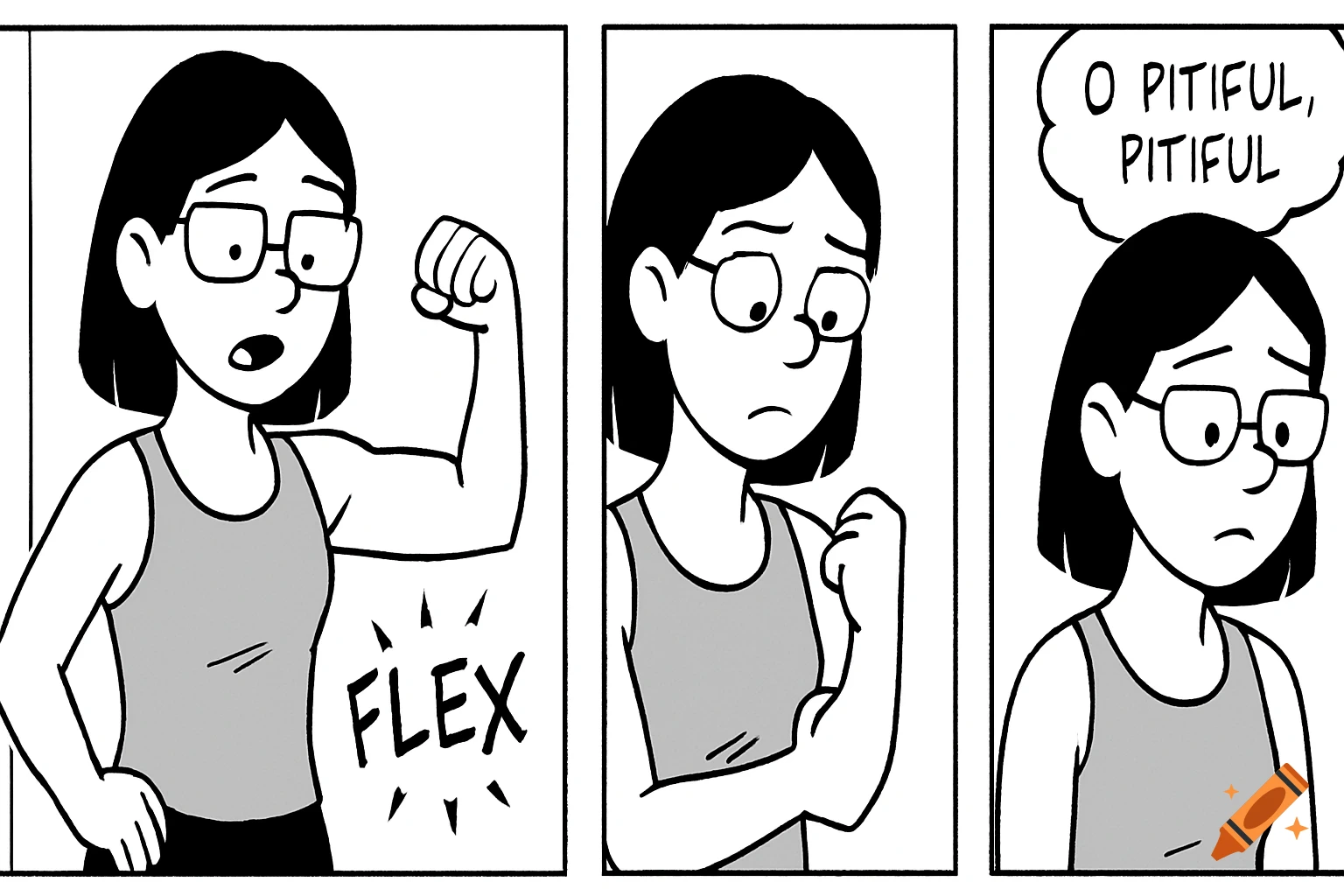 A three-panel black and white comic strip. In the first panel, a woman flexes her arm, with the word 'FLEX' below. In the second, she looks disappointed at her arm. In the third, she looks sad with a thought bubble that reads 'O PITIFUL, PITIFUL'.
