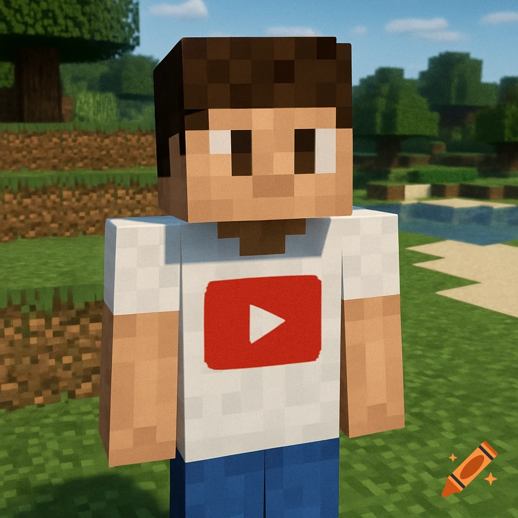 A Minecraft-style boy in a white t-shirt with a YouTube logo, standing in a blocky green landscape with trees and water.