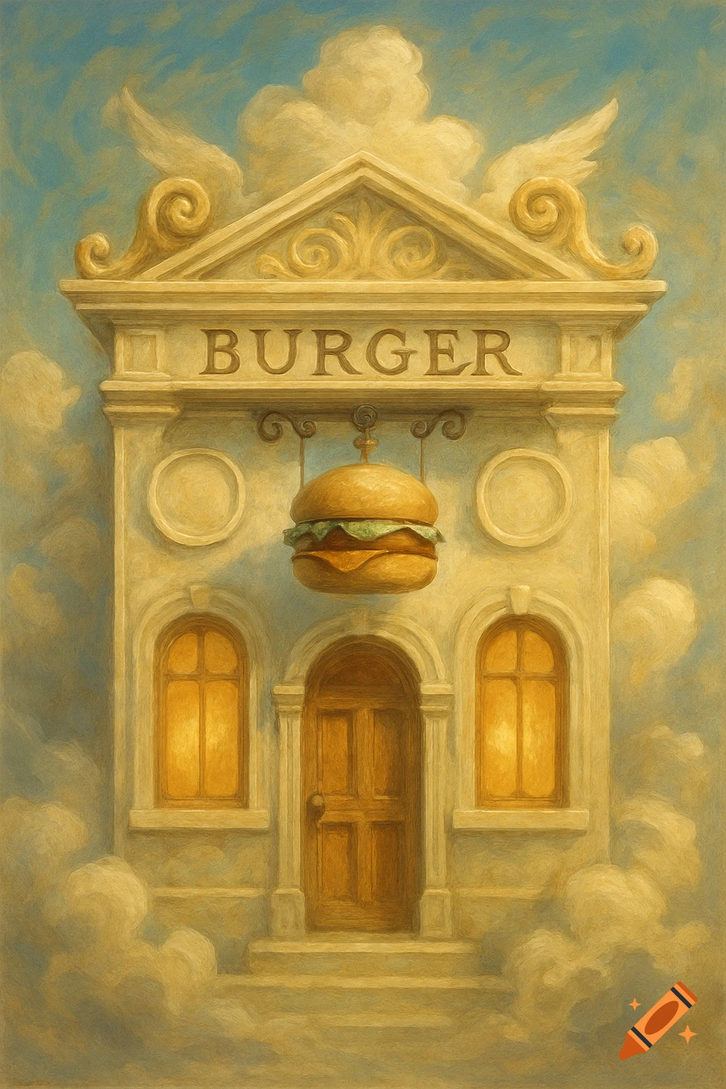 A painting of a fanciful building in the clouds with 'BURGER' on its ...