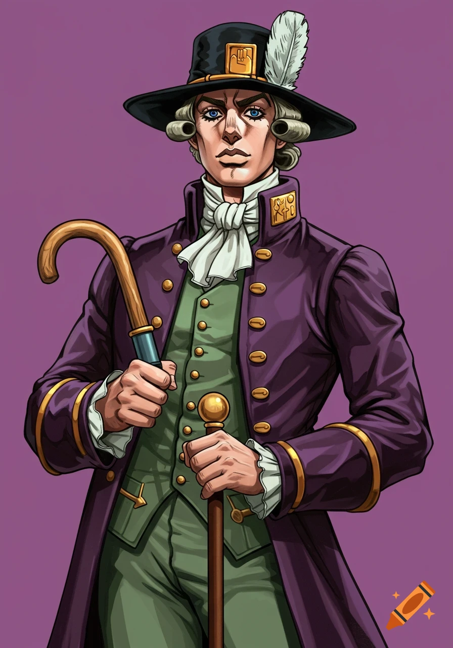 A man in the Jojo's Bizarre Adventure anime style, dressed in 18th-century attire with a black hat, purple coat, and green waistcoat, holding a wooden cane.