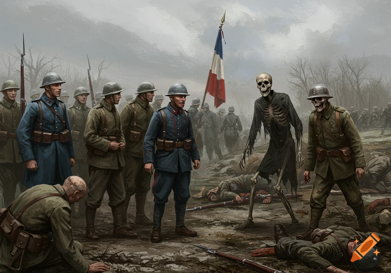 World War One French soldiers in a grim, foggy battle aftermath, with some alive, one kneeling, and a skeleton soldier carrying a French flag passing by.