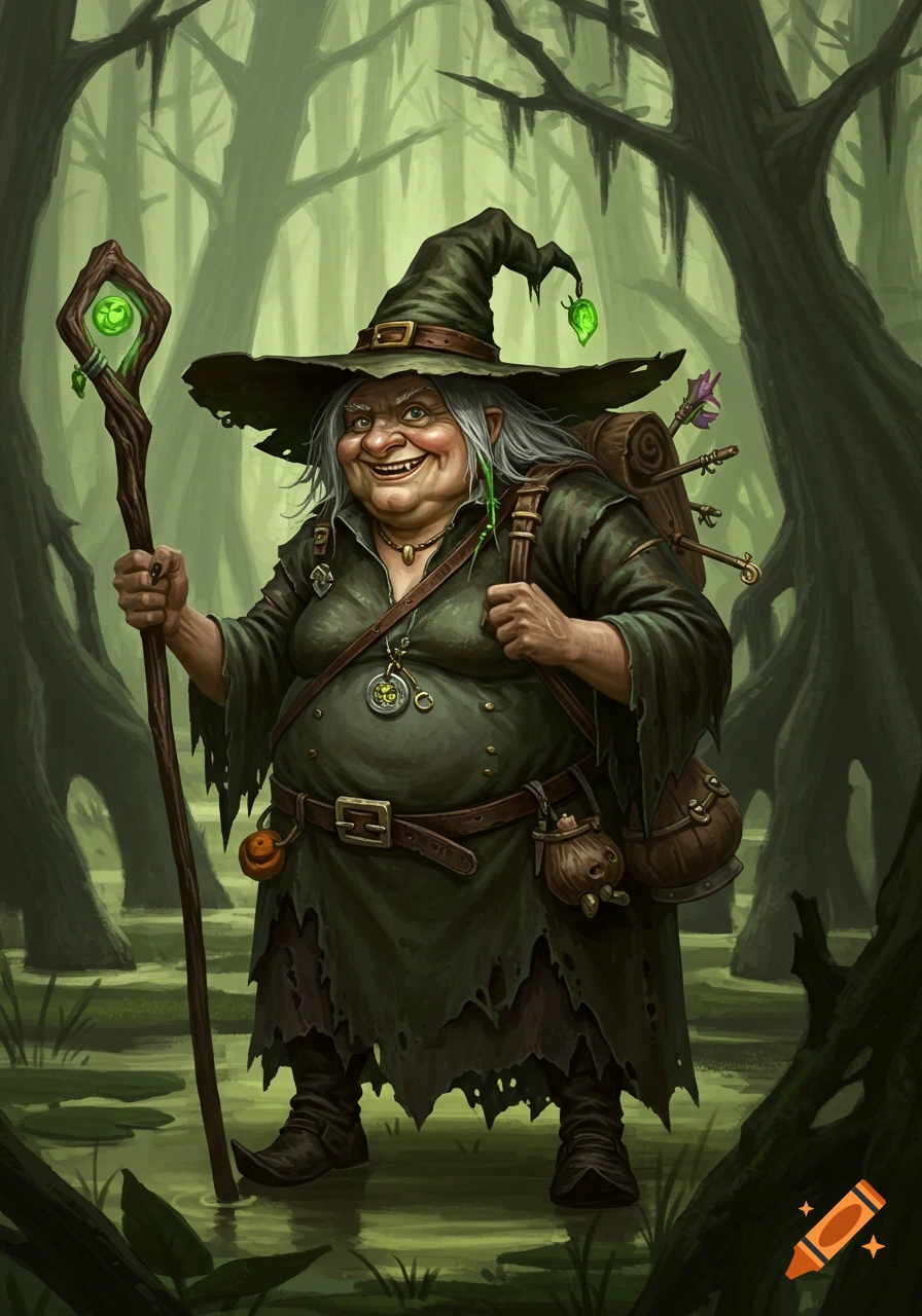 Smiling stout witch holding a glowing staff in a dark green swamp, stylized illustration.