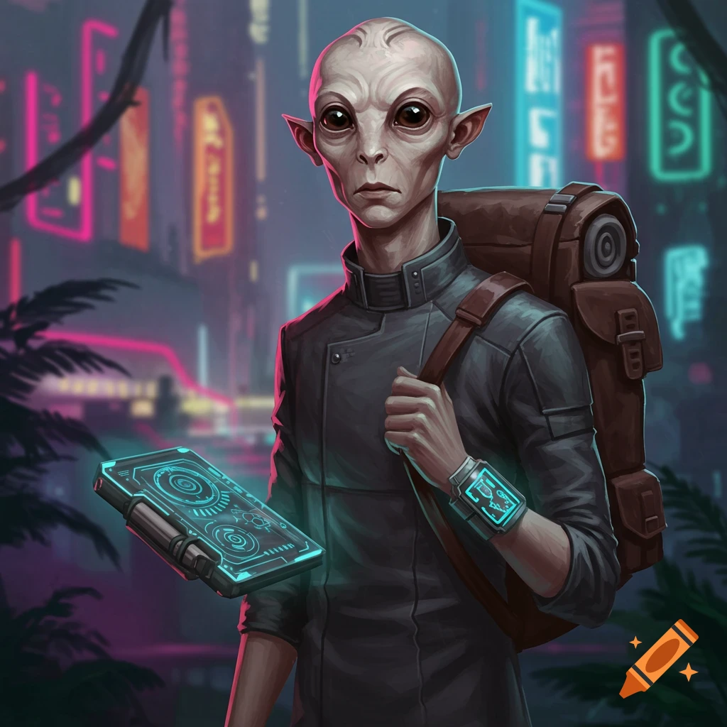 A grey alien in a dark jacket with a backpack, holding a glowing tablet, against a neon cyberpunk city background.