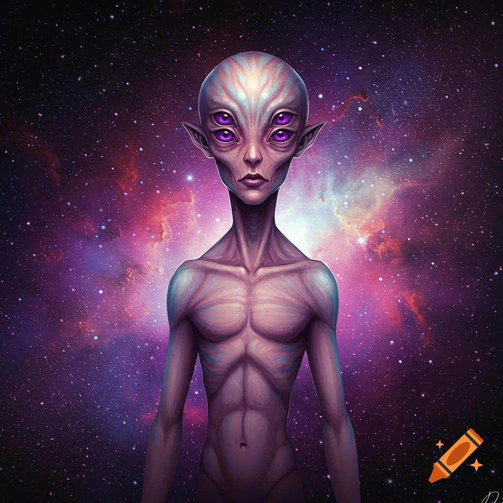 A purple-skinned alien with four purple eyes and pointed ears stands against a vibrant nebula and starry galaxy background.