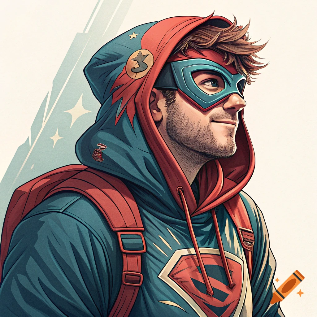 A cartoon illustration of a young man with a beard wearing a blue and red hoodie, a red backpack, and a blue superhero mask, looking up with a slight smile.