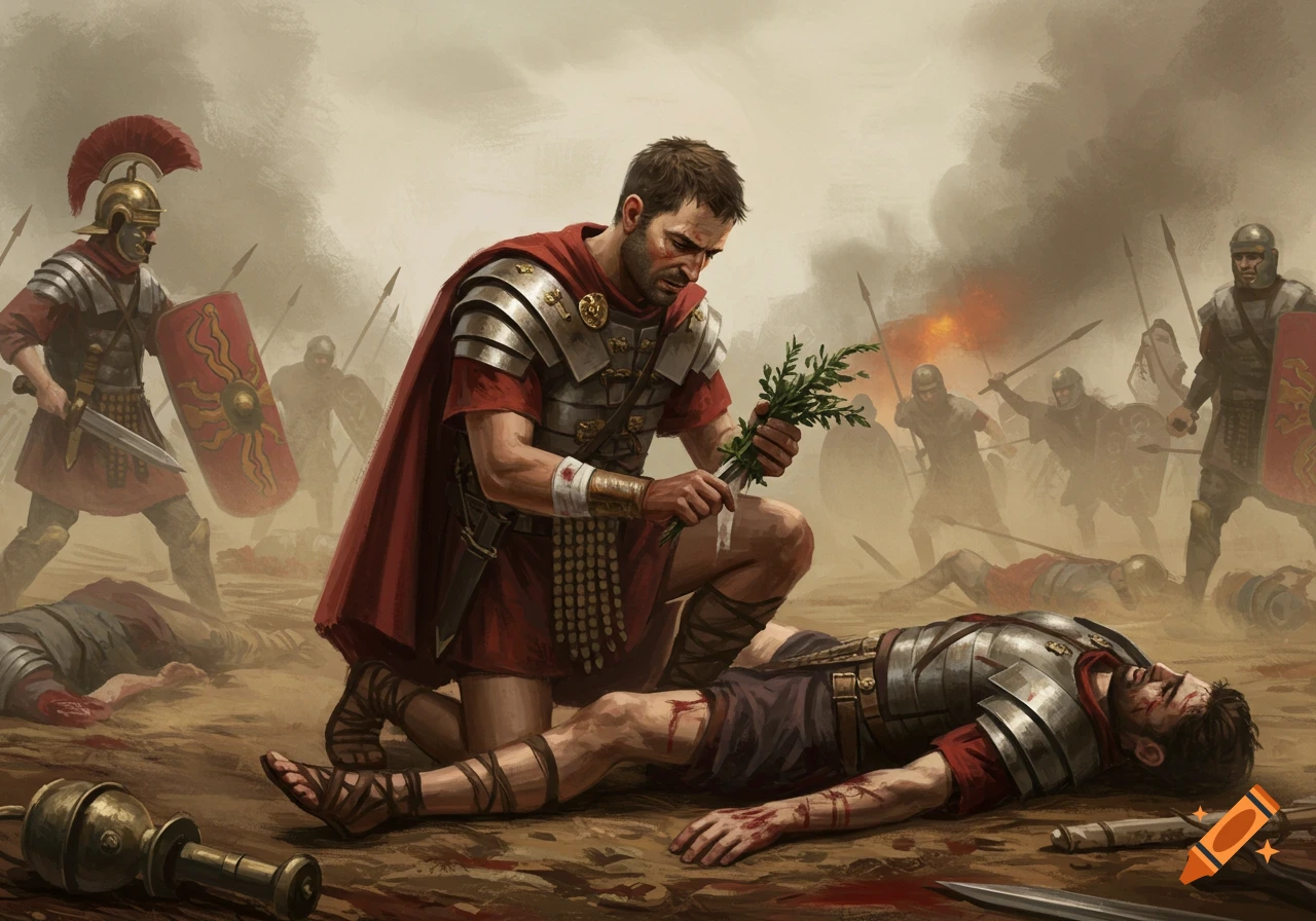 Digital painting of a Roman soldier kneeling over a wounded comrade on a battlefield, holding a small plant. Other soldiers and smoke are in the background.