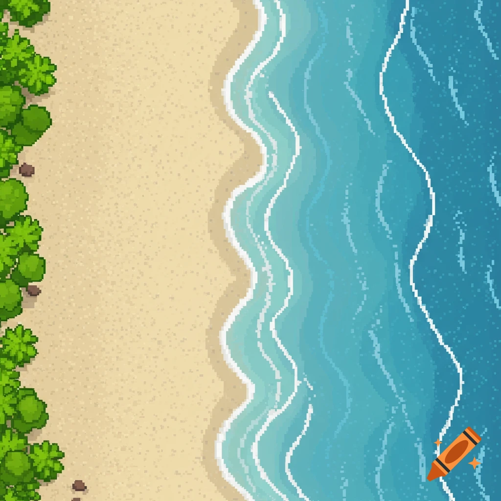 Top-down pixel art view of a tropical beach with sand, green trees, and blue ocean waves.