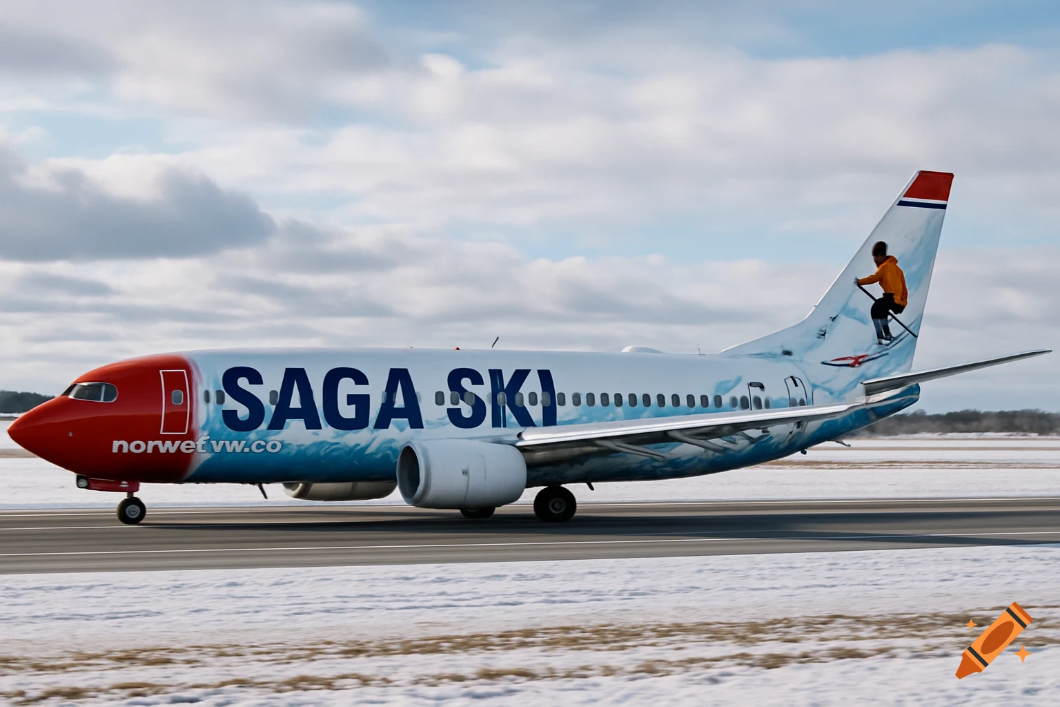 A photorealistic image of a Norwegian Air Boeing 737 with a 'Saga Ski' livery and a skier on the tail, taxiing on a snow-covered runway under a winter sky.