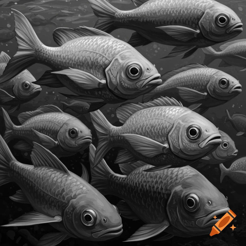 A monochrome illustration depicting a school of fish swimming through dark water.