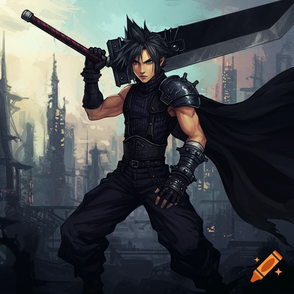 Anime illustration of Cloud Strife with his Buster Sword over his shoulder, standing in a dark, futuristic city.