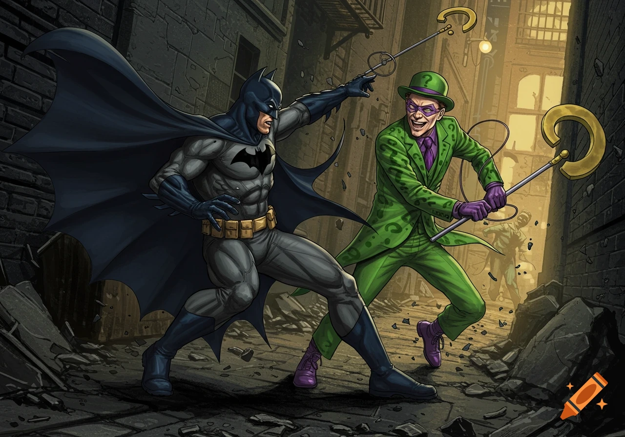 Batman and Riddler battle in a dark alleyway in a detailed comic book illustration.
