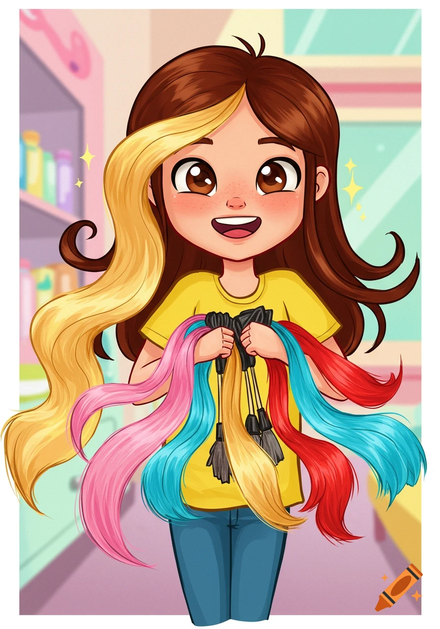 Cartoon illustration of a smiling girl with brown hair holding colorful hair extensions.