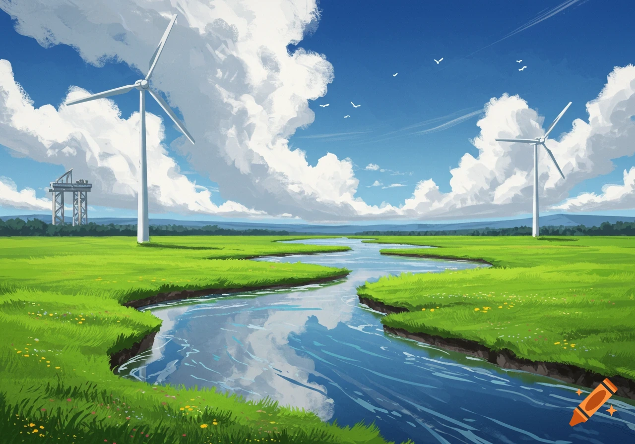 Vibrant green landscape with a winding river, two wind turbines, and fluffy white clouds under a blue sky in a stylized anime art style.