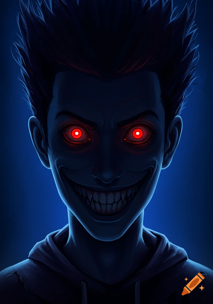 A creepy, dark character with glowing red eyes and a wide, toothy grin in a stylized, dark blue illustration.