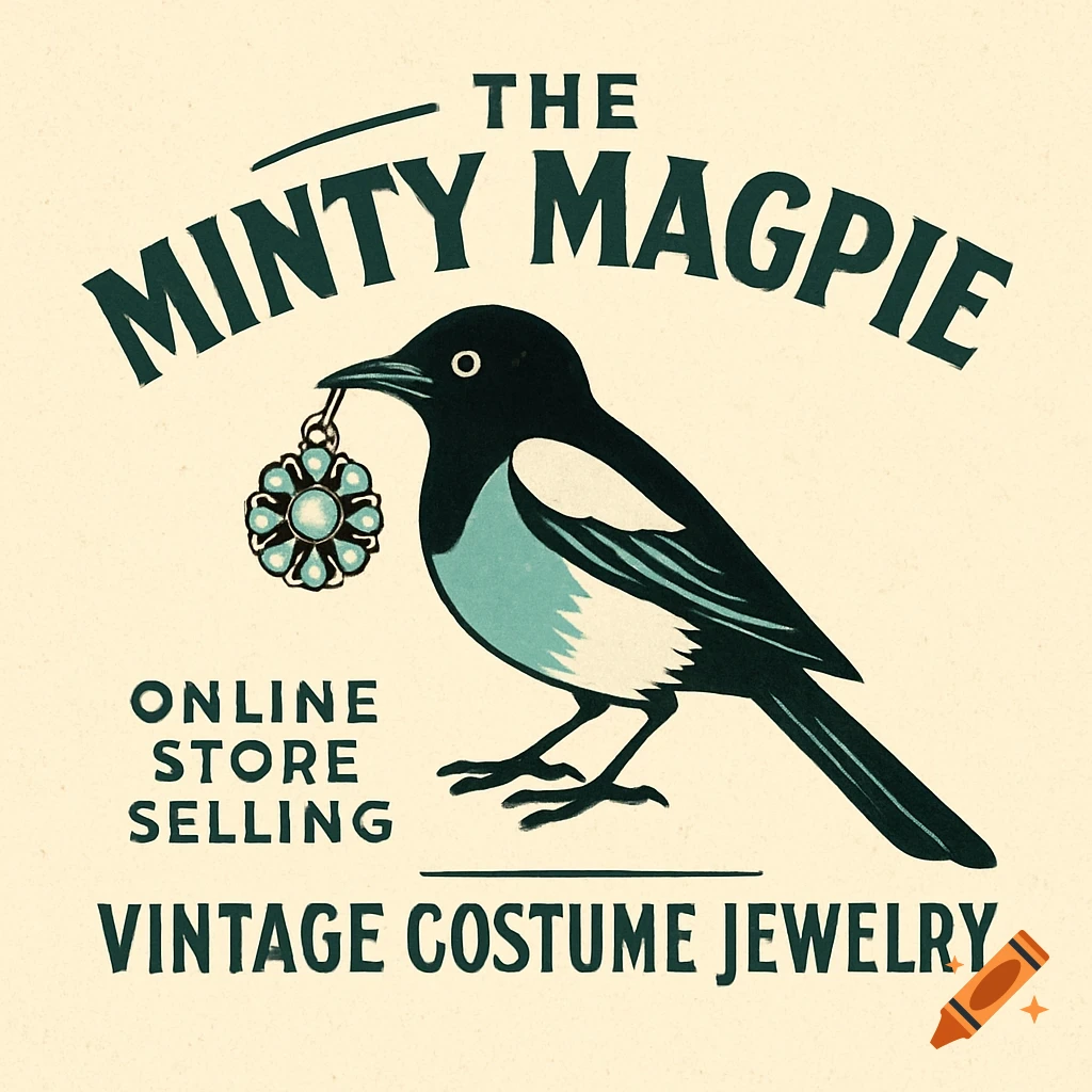 A retro 40s style logo featuring a magpie holding a piece of jewelry, with text "The Minty Magpie Online Store Selling Vintage Costume Jewelry."
