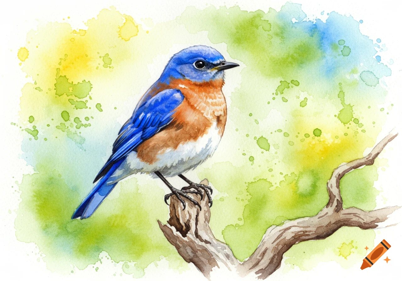 A vibrant bluebird watercolor painting perched on a branch with a soft background of yellow, green, and blue splashes.