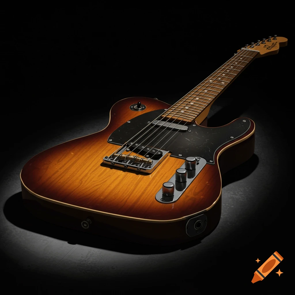 A close-up, angled shot of a brown and orange sunburst electric guitar with a black pickguard, set against a dark background.