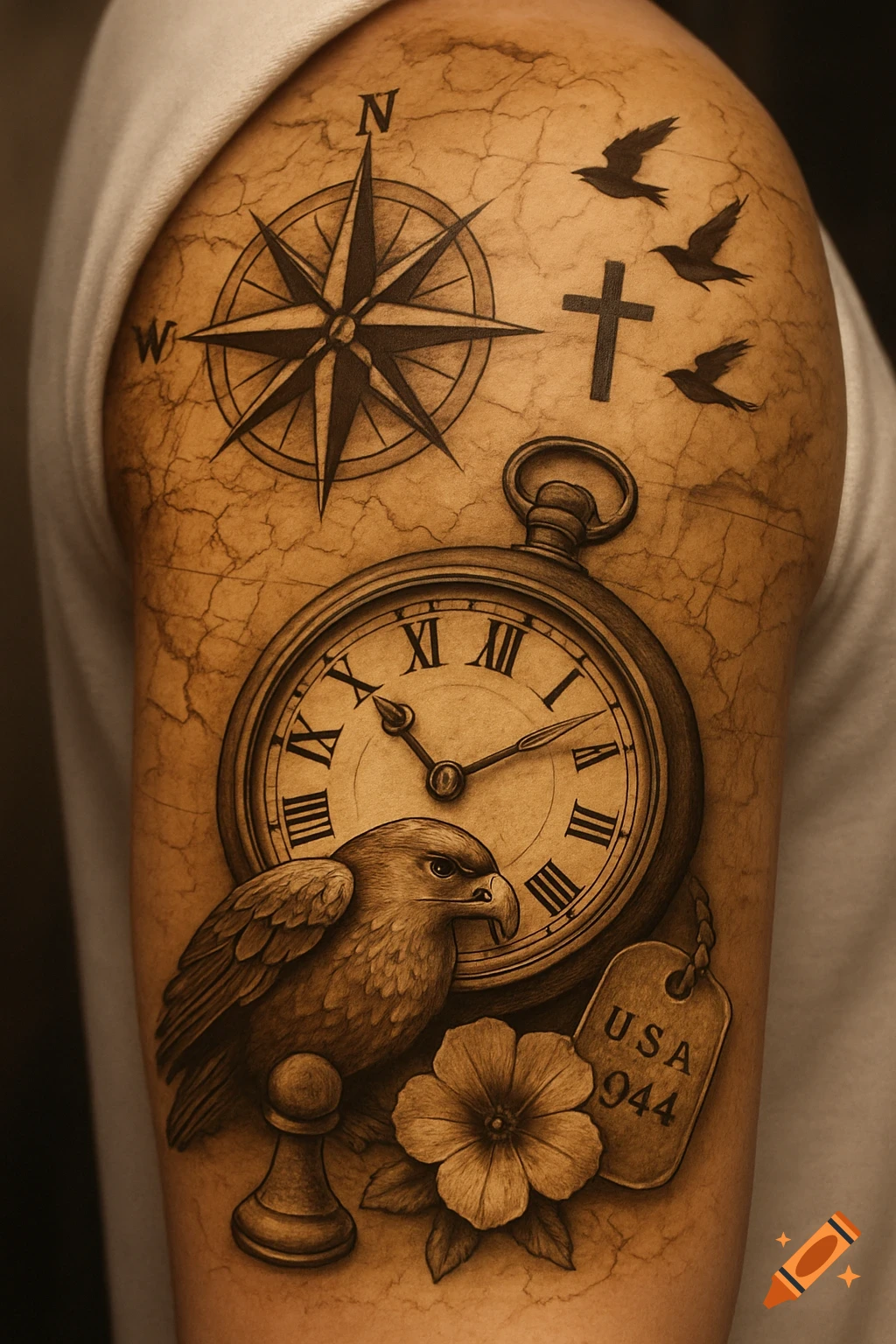 A vintage-style tattoo on an arm featuring a compass, cross, birds, pocket watch, eagle, flower, and a 'USA 944' dog tag on a cracked map background.