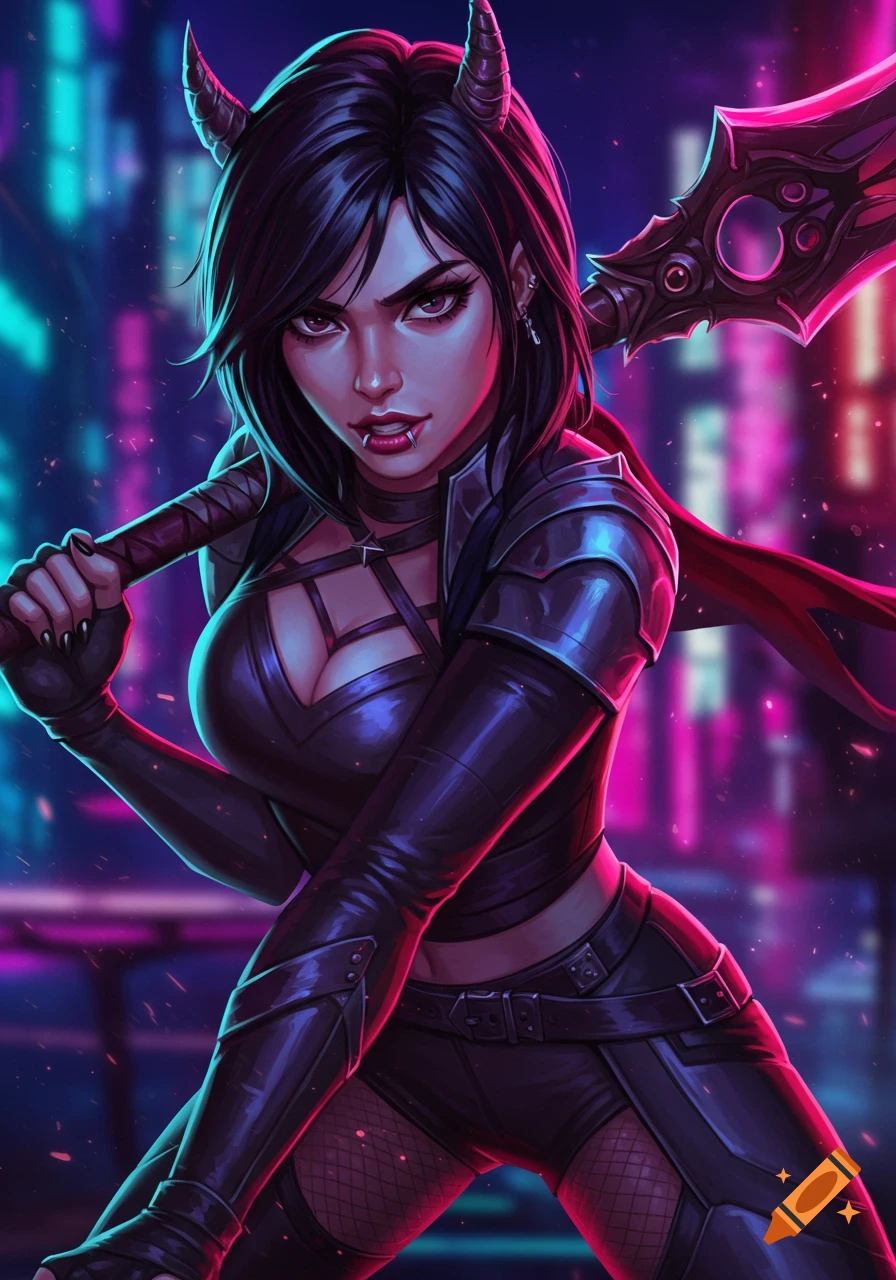 A striking demon woman with horns and fangs, dressed in black armor, holds a large weapon over her shoulder in a neon cyberpunk city.