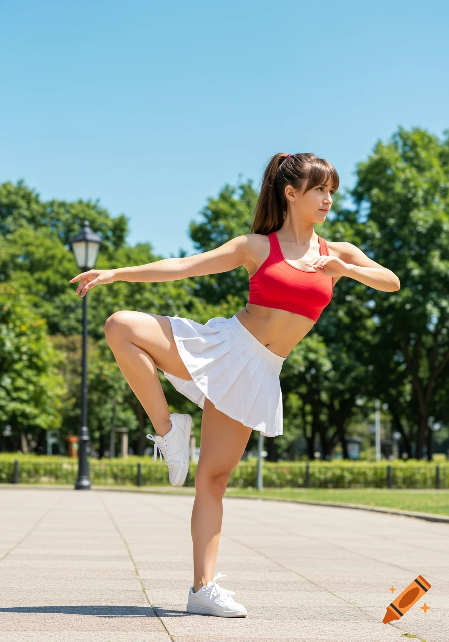 A young woman in a red sports bra and white pleated skirt performs a balance pose in a sunny park.
