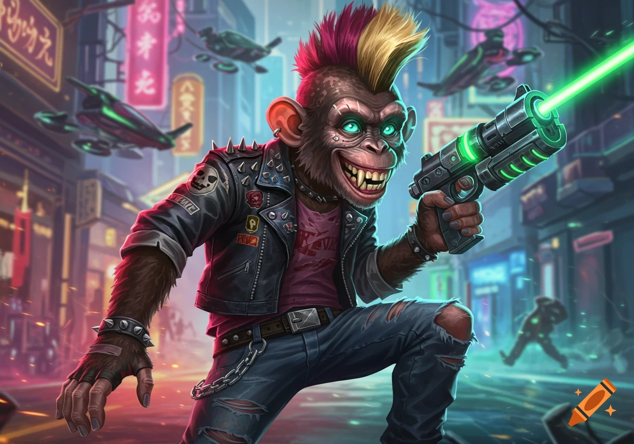 A grinning punk monkey with a colorful mohawk and glowing blue eyes, wearing a spiked leather jacket and ripped jeans, aims a laser gun that emits a green beam in a neon-lit cyberpunk city. Drones fly in the background.