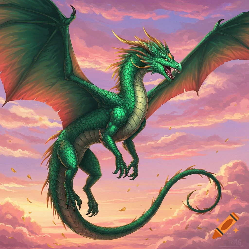 A majestic green dragon with large wings flies through a vibrant pink and purple cloudy sky at sunset.
