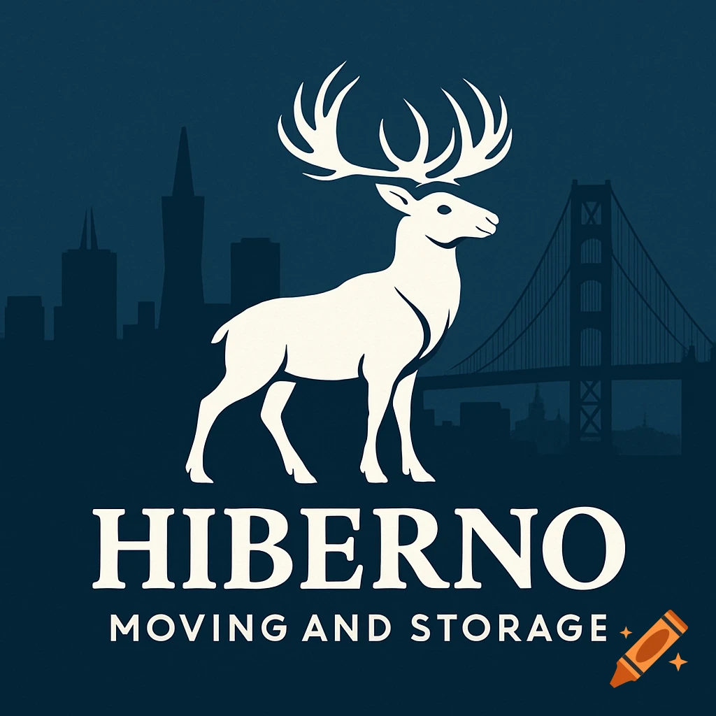 Logo featuring a white deer over a dark blue San Francisco skyline with 'Hiberno Moving and Storage' text.