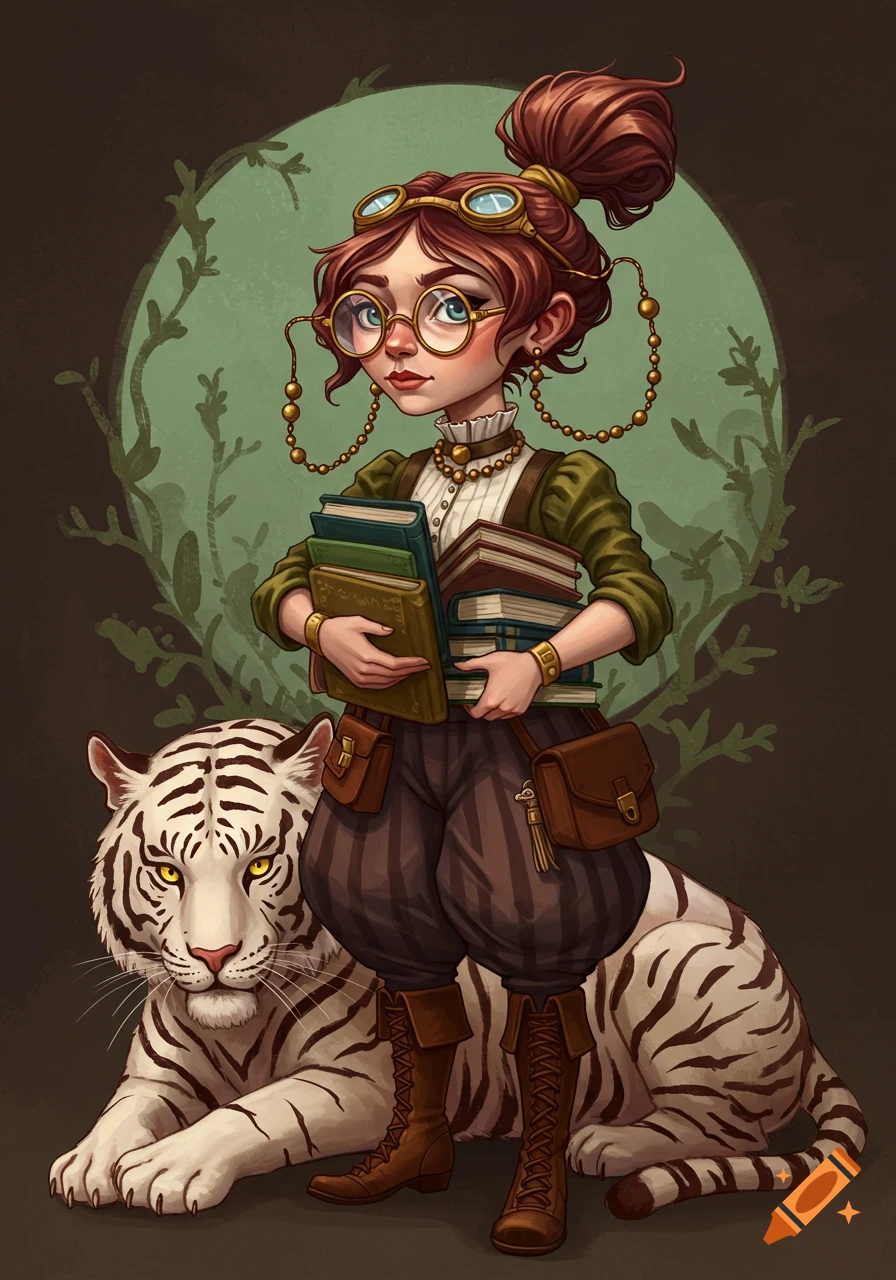 A quirky female librarian with steampunk clothing and a pile of books, standing next to a white tiger. Stylized illustration.