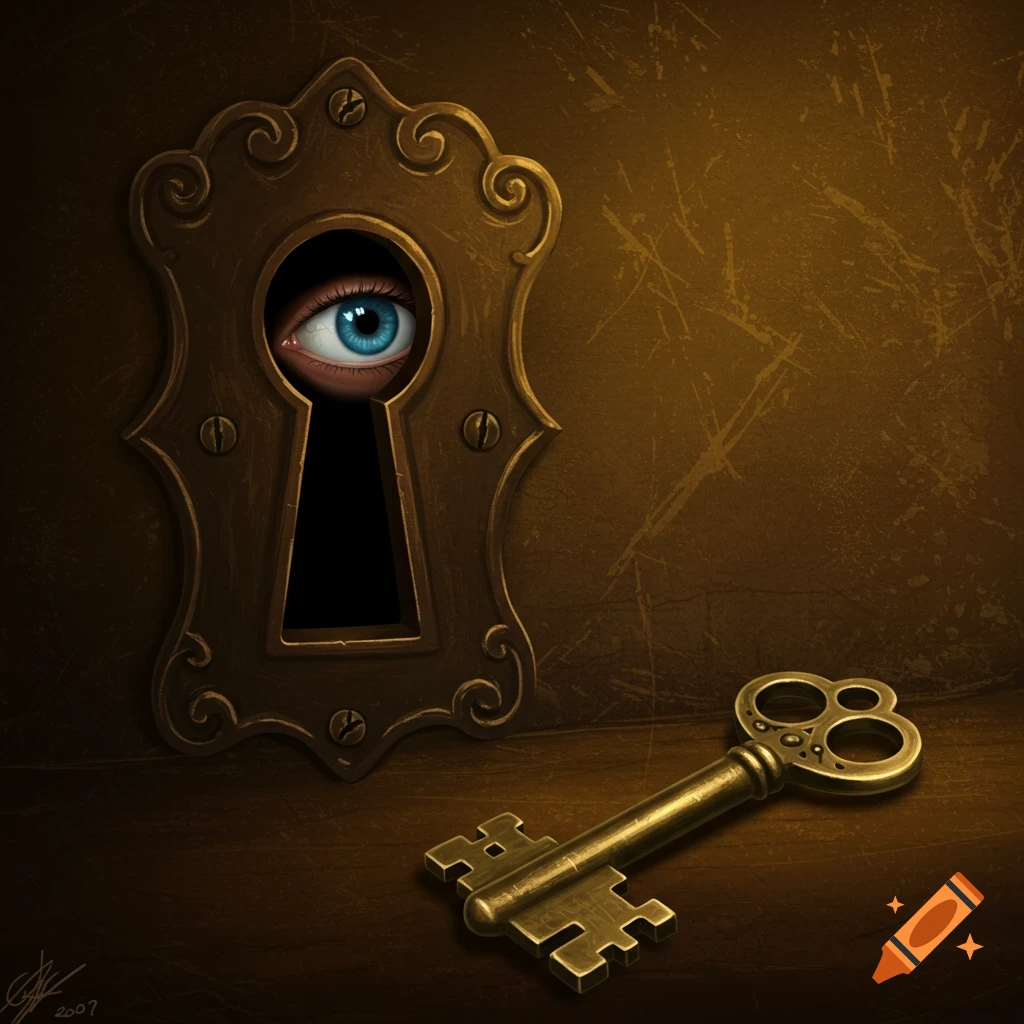 A vibrant blue eye peers through a decorative keyhole on a dark wooden surface, with a large brass key resting nearby.