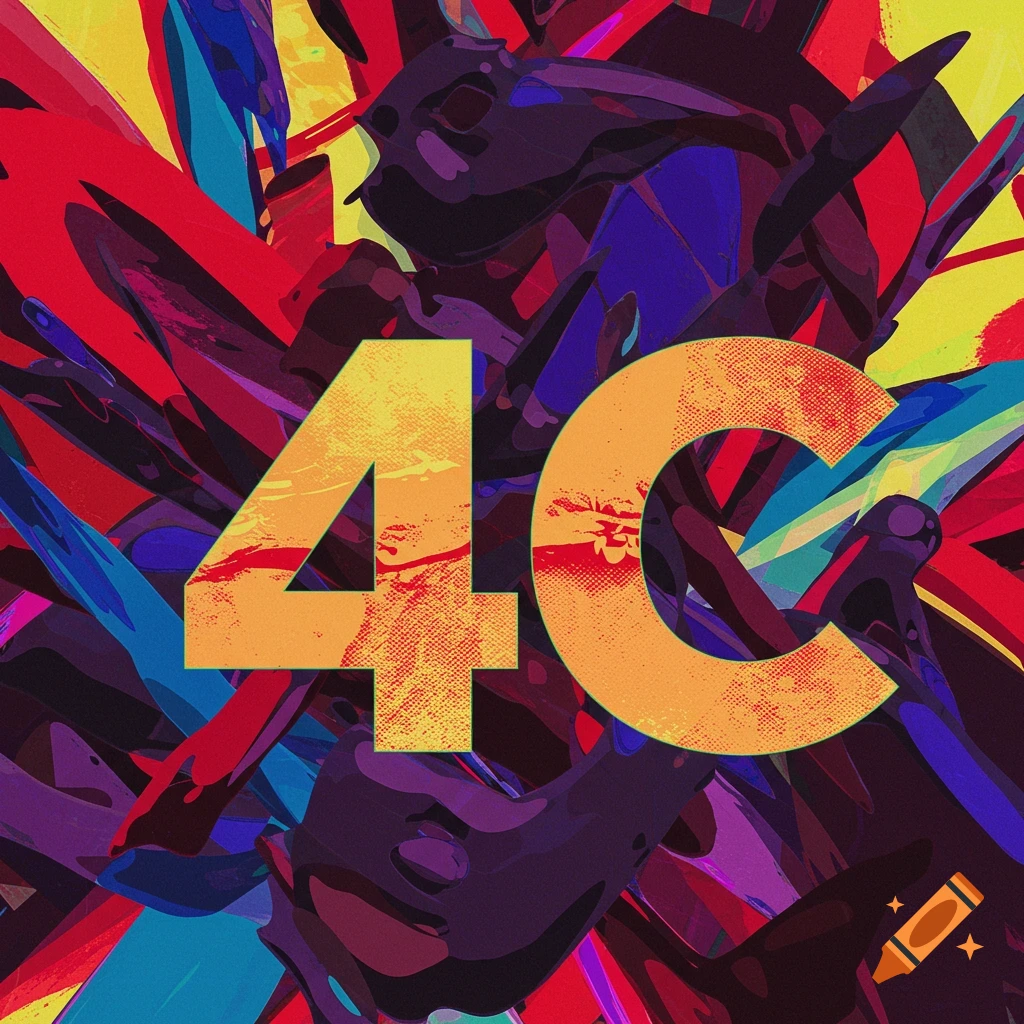 Bold orange letters '4C' on a vibrant abstract background with sharp red, blue, purple, and yellow shapes.