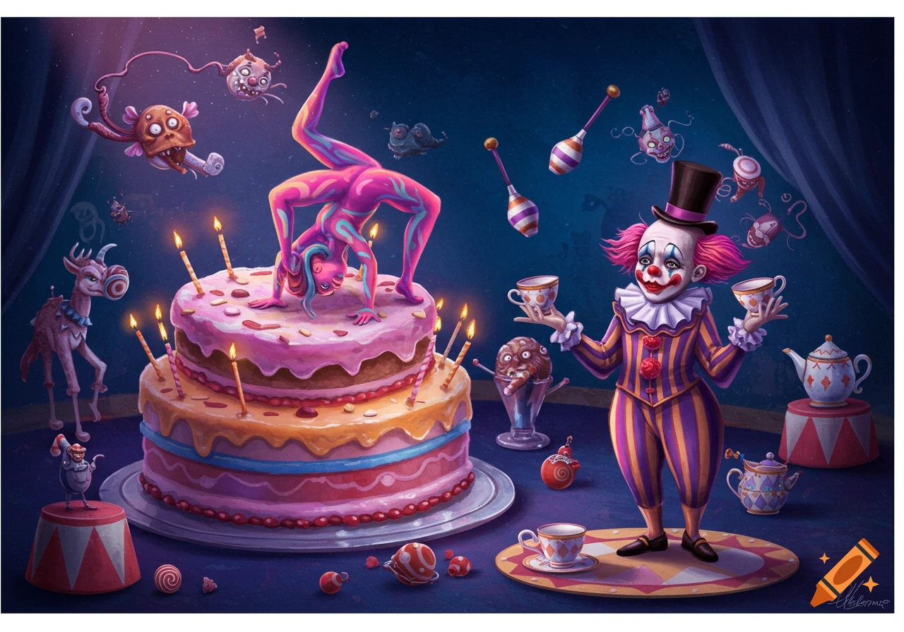 A surreal illustration of a clown juggling teacups beside a multi-tiered cake with a contortionist figure on top, surrounded by strange floating creatures and circus elements.