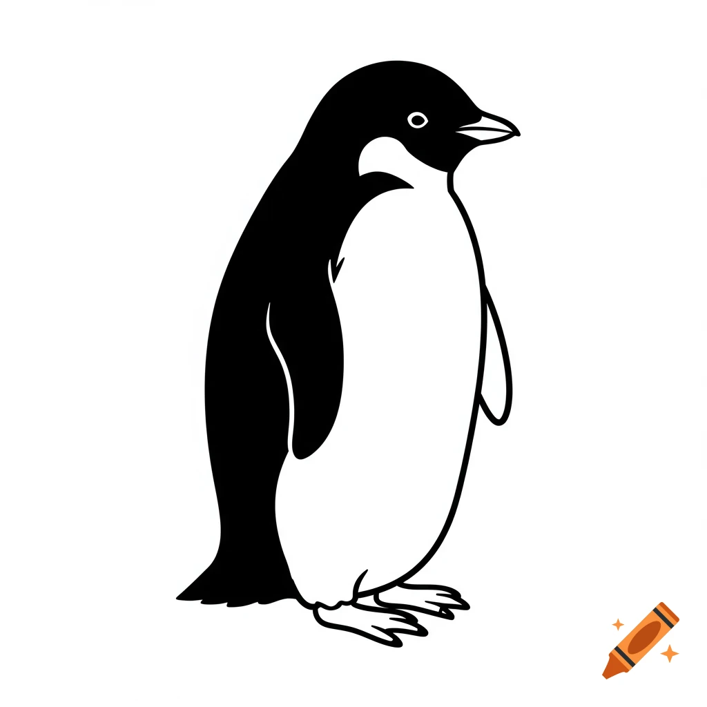 A black and white illustration of a penguin standing.