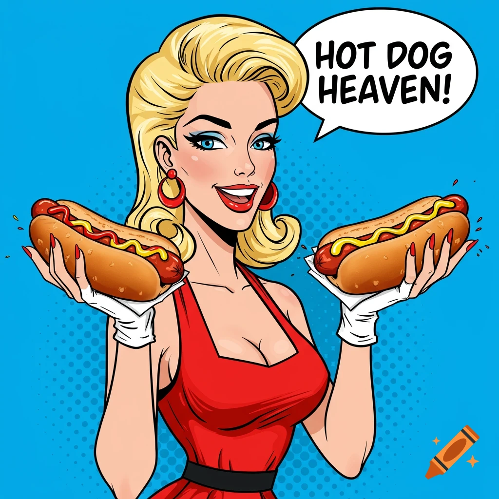 Pop art illustration of a blonde woman in a red dress holding two hot dogs with mustard and ketchup, with a speech bubble saying 'HOT DOG HEAVEN!'.