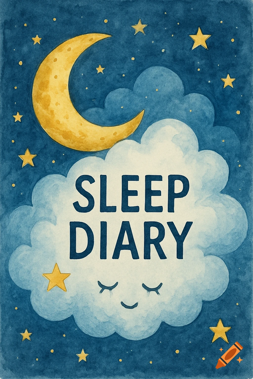 Watercolor illustration of a night sky with a crescent moon, stars, and a cloud saying 'SLEEP DIARY' with a sleeping face.