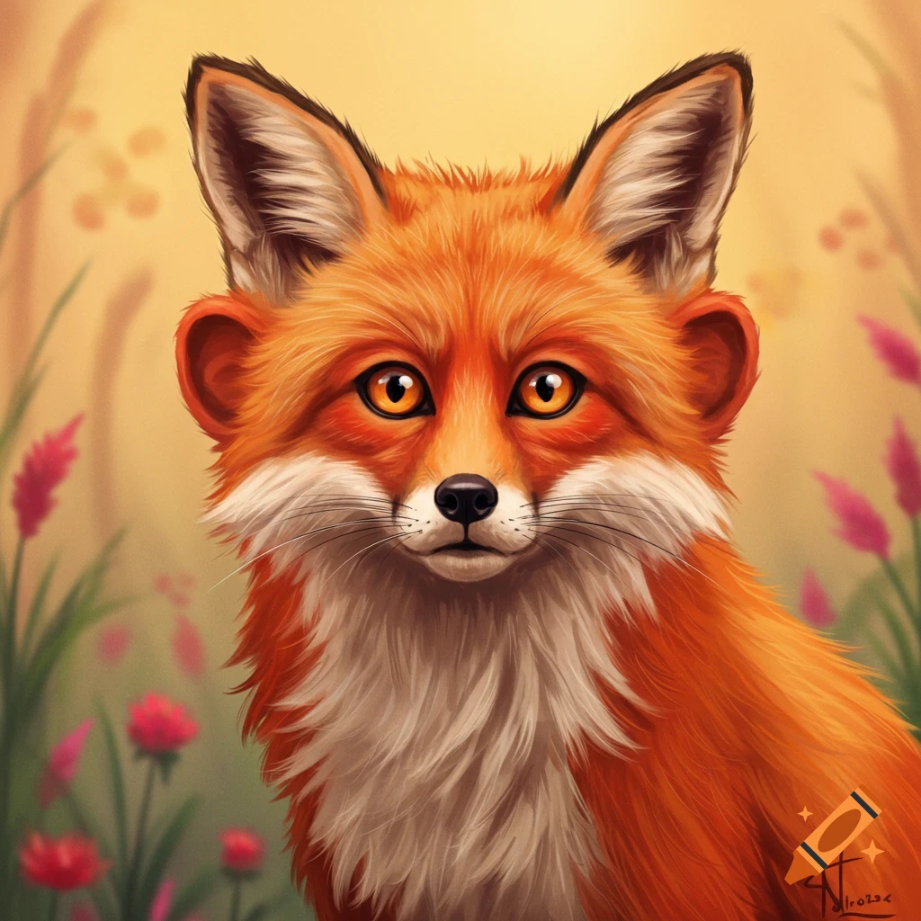 A vibrant digital painting of a red fox, with large ears and bright orange eyes, in a lush, blurred floral background.