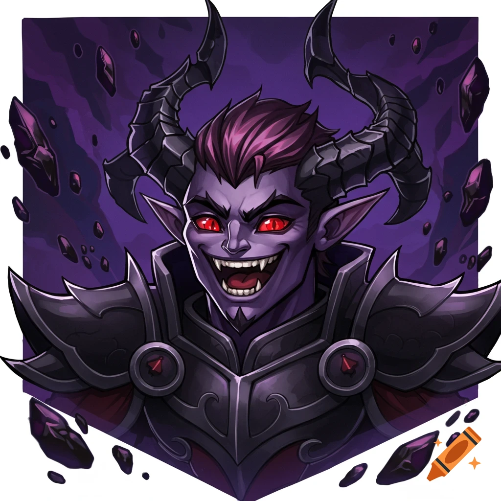 A smiling purple-skinned, red-eyed demon character with black horns and dark armor, set against a dark purple background with floating crystals.